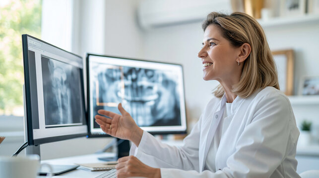 Female dental radiologist reviewing a panoramic X-ray on a computer  