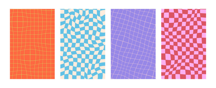 Groovy checker pattern set. Retro backgrounds with psychedelic checkerboard. Seamless patterns of Y2K grids with optical swirls and wavy lines. Abstract checkered designs. Funky checker backgrounds.