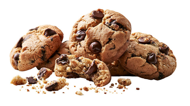 Freshly baked chocolate chip cookies with crumbs and broken pieces