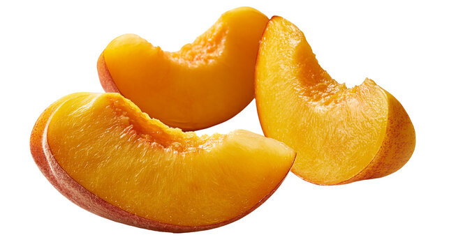 Fresh ripe juicy peach slices with vibrant orange flesh and fuzzy skin