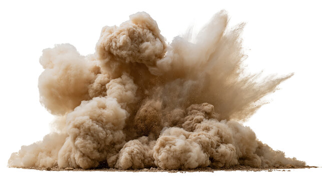 Explosive cloud of brown dust and soil particles rising from the ground