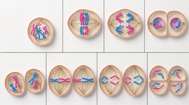 Detailed scientific illustration showing the distinct phases of cell division through meiosis (meiosis I and meiosis II). Perfect for biology textbooks, educational materials, and genetics lessons.