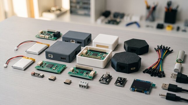 Electronic Components Laid Out With Cables And Batteries On A White Table During Daytime