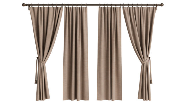 Beige textured fabric curtains hanging on a dark metal rod with tiebacks