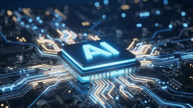 Intricate cybernetic core, gently orbiting an effulgent 'AI' processor embedded in a dark industrial motherboard, highlighting rapidly moving azure