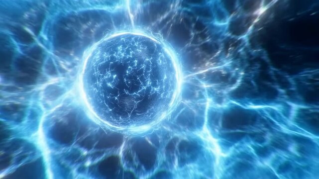 Glowing blue energy sphere pulses at center while branching electric waves ripple outward through a dark abstract space, forming a bright circular halo and fluid luminous patterns