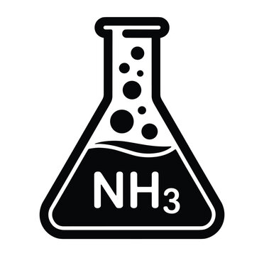 Ammonia Flask Icon: A stylized icon depicting an Erlenmeyer flask filled with liquid and bubbles, labeled with the chemical formula NH3, symbolizing chemistry and science.
