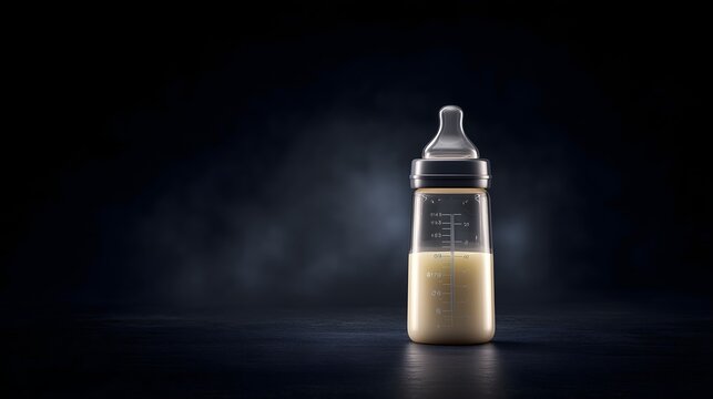 Commercial hero shot of baby bottle filled with milk on black background