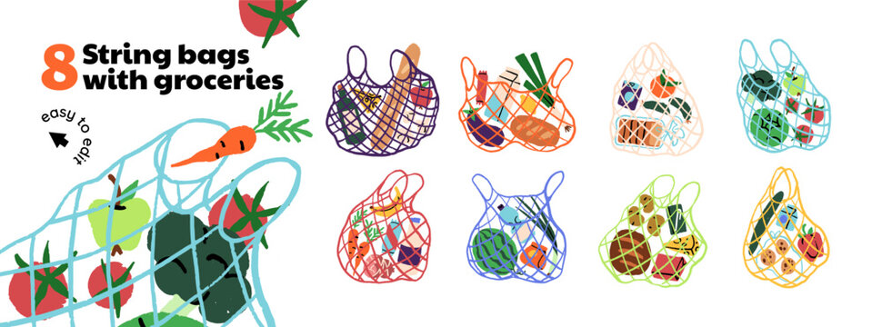 Set of mesh bags with grocery products. Net bags are full of groceries. String baskets with fresh fruit and vegetables, milk and bread. Eco totes for supermarket. Mesh shoppers with healthy food.