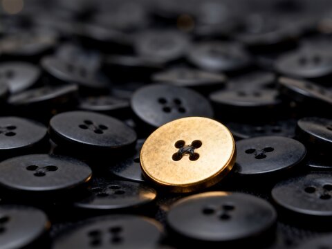 Golden Button Standing Out Among Black Buttons in Close-up View
