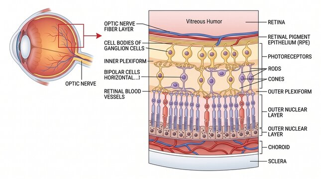 Anatomical diagram of retina, medical illustration of eye cross section with labeled parts, cells and layers, scientific anatomy chart on white background