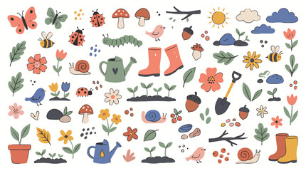 Obraz premium Cute set of hand-drawn garden elements featuring insects and plant life