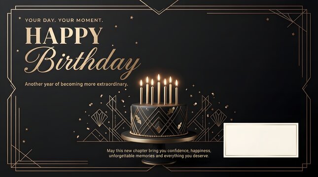 Luxury Black and Gold Birthday Greeting Card With Art Deco Patterns and Lit Birthday Cake.