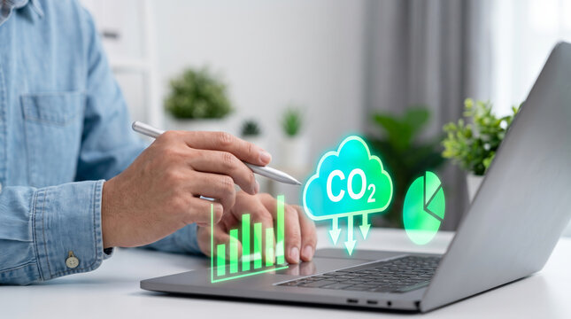 Carbon emission chart beside laptop shows business analysis. green renewable energy sustainability. future management responsibility, graph report statistic analysis monitoring