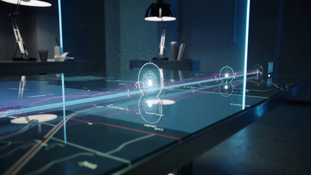 Rising projected node and blue block sending magenta beam across glass table in dim lab mapping