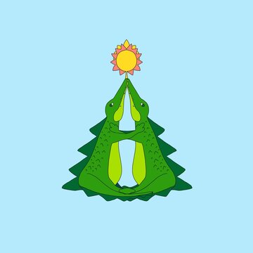 Two crocodiles shaping Christmas tree while hugging and holding sun-like flower with their mouths above heads; outlined cartoon digital illustration for winter holidays and children's New Year art