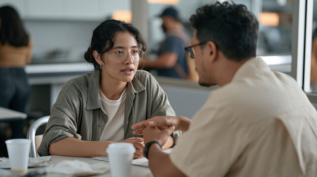 A grocery bagger and store manager debrief after a difficult shift in a modest break room, a customer visible through the window still waiting at a checkout as the