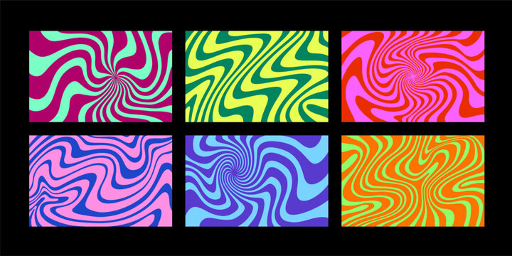 Set of banners with psychedelic wavy pattern. Abstract retro waves. Funky geometric patterns with curvy lines, waves, and swirls. Groovy wavy backgrounds. Y2K backdrops with optical illusions.