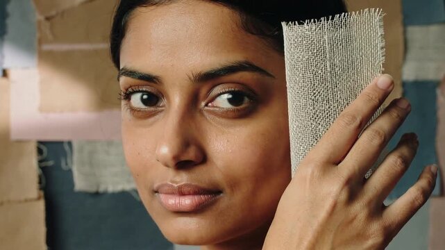 Starting holding mesh, woman sliding fabric across face at studio, revealing eye and patchwork wall