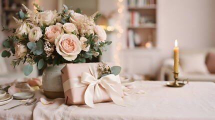 Obraz premium Romantic Birthday Gift Box With Silk Ribbon and Fresh Pastel Rose Bouquet on Dining Table.