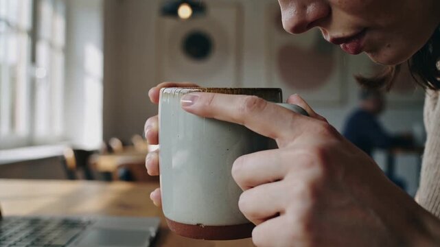 Noticing spot on mug rim, beige-sweatered woman lifting, tracing rim at cafe counter with laptop