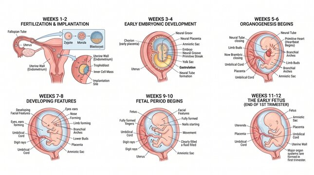 Human Pregnancy Development Stages Diagram. Six Educational Illustrations showing weeks 1-2, 3-4, 7-8, 9-10, 11-12. Fetal growth anatomy, medical reproduction science infographic.