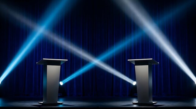 Two empty debate podiums on a stage with spotlights