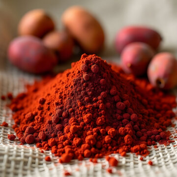 Annatto Seeds and Powder Heap on Burlap