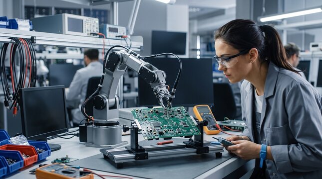 Female engineer collaborating with robotic arm on circuit board in modern laboratory with equipment