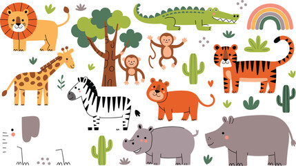 Obraz premium Cute Safari Animal Vector Clipart Set with Cartoon Lion, Tiger, Giraffe, Zebra, Crocodile, Monkeys, Hippo, and Jungle Trees for Kids Nursery Room Graphic Designs