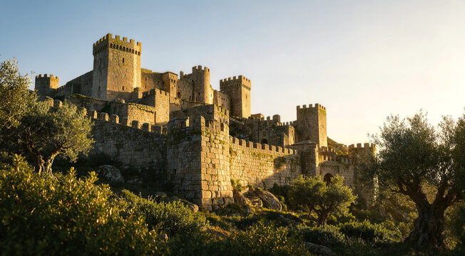 Historic Medieval Castle on a Hillside Above an Olive Grove