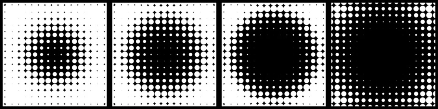 Halftone dotted round patterns. White grain circular shapes with gradient effect on black backdrop. Abstract graphic geometric monochrome background. Modern futuristic graphic vector illustration set