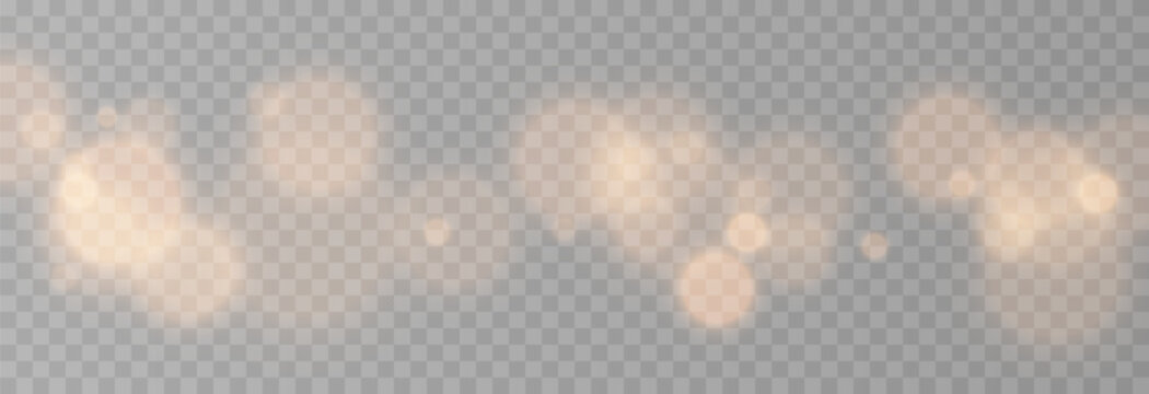 Glowing golden bokeh PNG. Festive background with golden bokeh. Light effect. Abstract design concept.