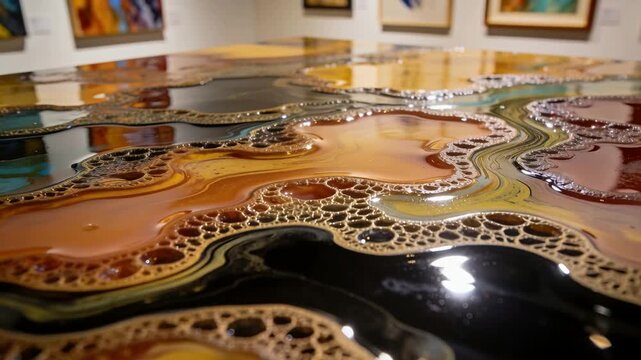 Moving camera revealing glossy poured-paint artwork on gallery plinth, showing shifting highlights