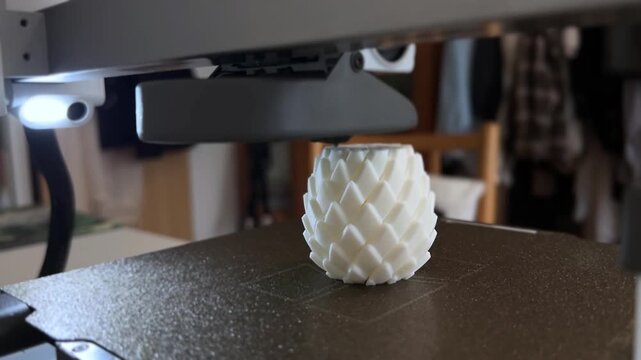 Close-up video of a mini 3D printer operating, printing at home