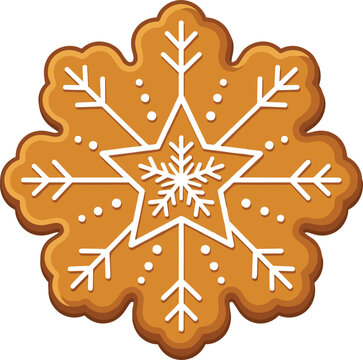 Christmas snowflake gingerbread cookie vector illustration featuring a festive holiday spiced biscuit decorated with intricate white sugar icing isolated on a solid white background