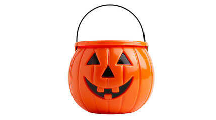 Orange plastic pumpkin jack-o-lantern candy bucket with black handle © Sylas