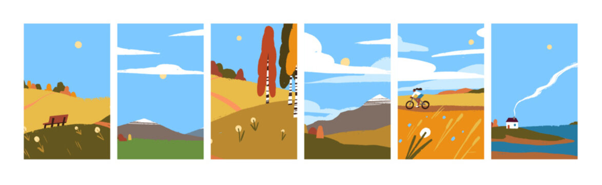 Posters with autumn landscape. Vertical backgrounds with fall nature. Countryside scenes in October. Autumn landscapes with trees, mountains, fields, lakes and forests. Fall outdoor scenes of nature.