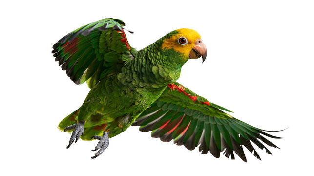 Yellow-headed Amazon parrot flying with wings spread wide