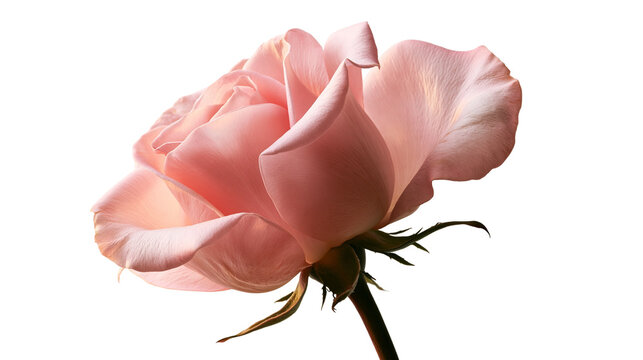 Soft pastel pink rose flower head with green stem and sepals