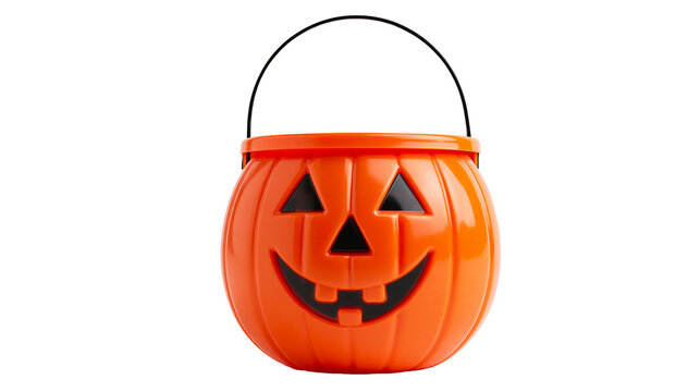 Orange plastic pumpkin jack-o-lantern candy bucket with black handle