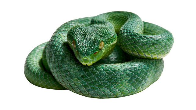 Coiled green pit viper snake with textured scales and sharp eyes