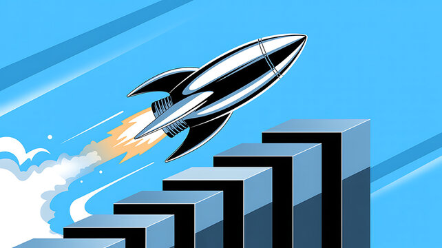 A shiny silver rocket ship launching from a staircase shaped bar chart, representing business growth, startup acceleration, and upward trajectory, set against a vibrant blue background, with motion
