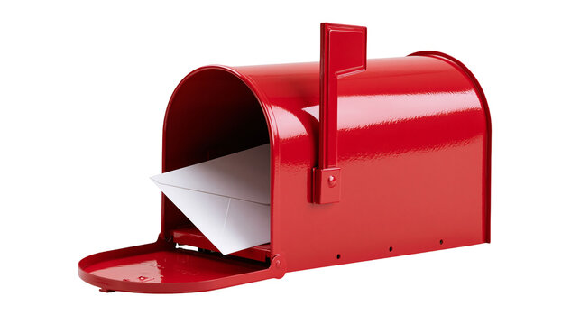 Bright red metal mailbox with an open door and a white envelope inside