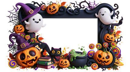 Fototapeta premium Halloween decorative frame with ghosts pumpkins black cat, cauldron and candy