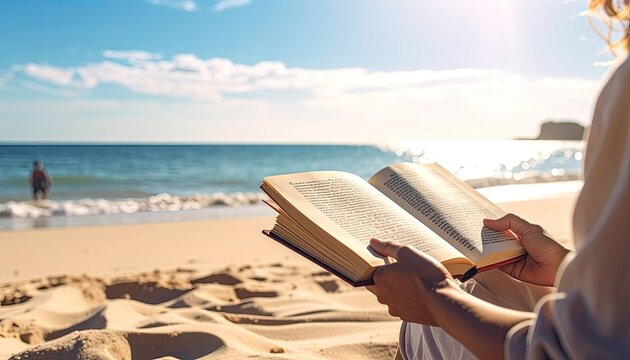 A person enjoys reading a book on a sandy beach next to the ocean.