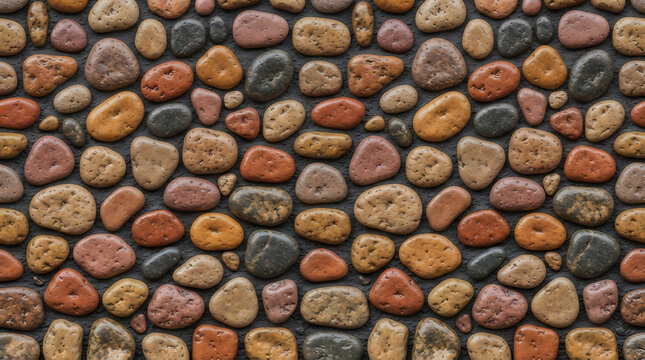 A closeup view of a wall made of smooth river stones