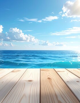 A serene beach scene with a wooden foreground and calm ocean under a blue sky.