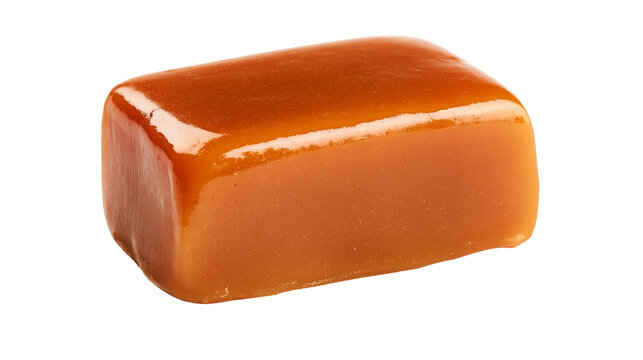 Single rectangular piece of smooth golden brown chewy caramel candy