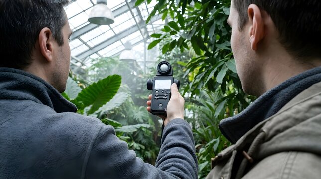 Professional Using Handheld Digital Light Meter to Measure Illumination Intensity Inside Greenhouse